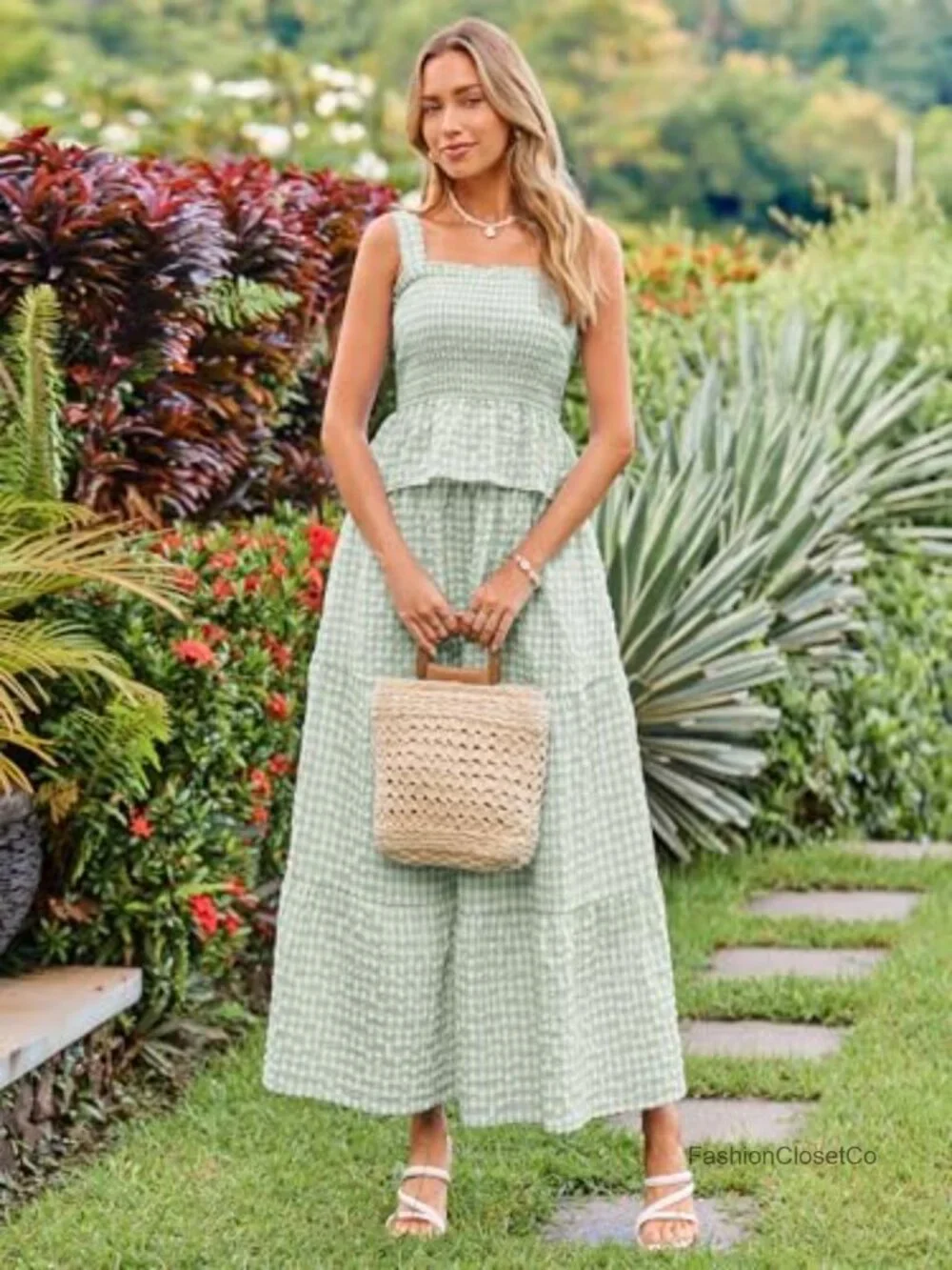 2 Piece Skirt Set Square Neck Tank Maxi Skirt with Pockets Cotton Blend Summer